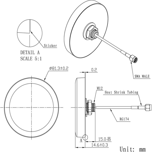 1568±3MHz Center Frequency GPSGlonass Antenna GL-DY008L GL-DY008Lの寸法図